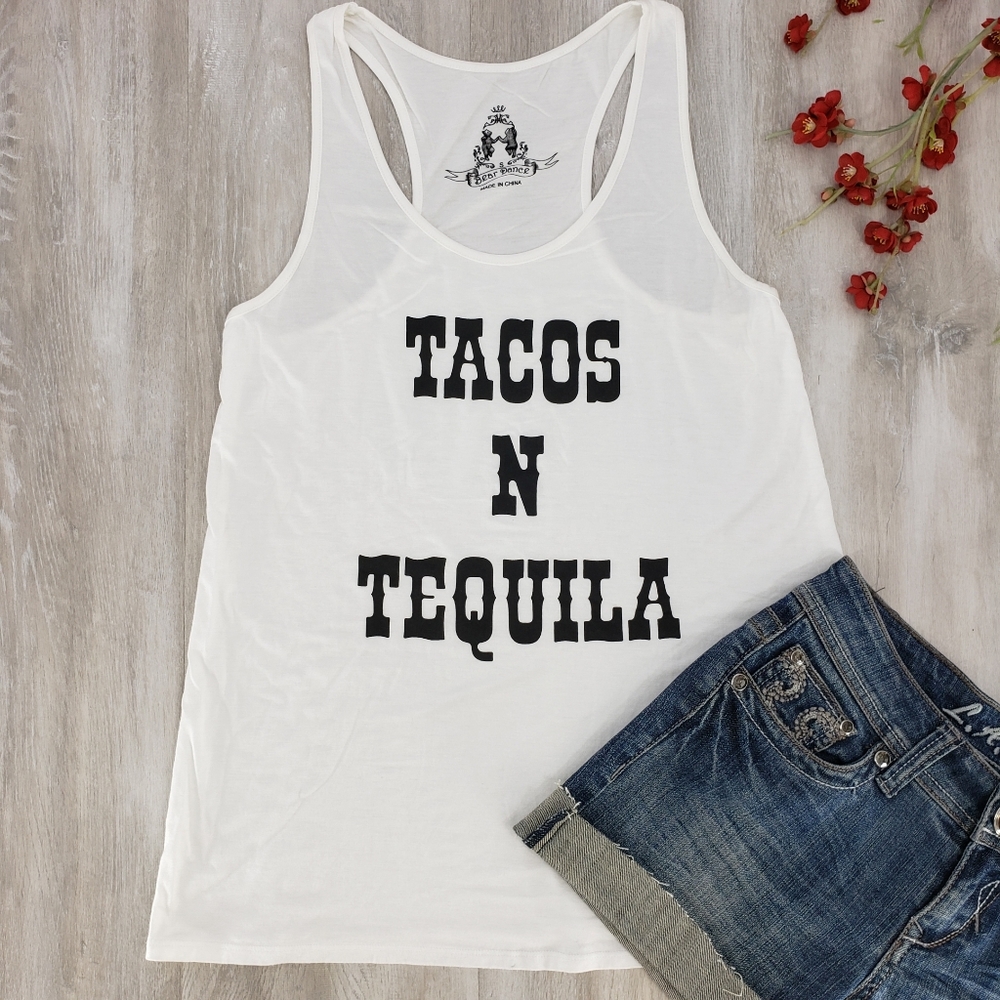 NEW Bear Dance "Tacos N Tequila" Graphic Racerback Tank in White